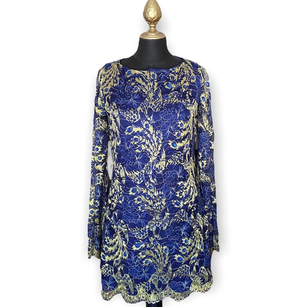 Morena Rosa Blue and Gold Long Sleeve Lace Peacock Mini Dress Size Small